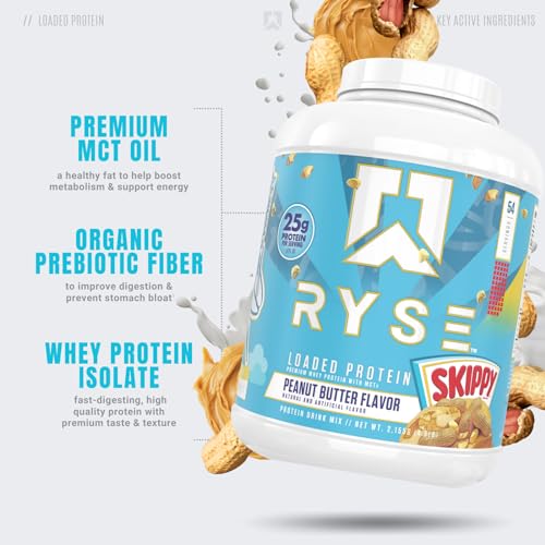 RYSE Up Supplements Loaded Protein Powder | 25g Whey Protein Isolate & Concentrate | with Prebiotic Fiber & MCTs | Low Carbs & Low Sugar | 27 Servings (Peanut Butter Cup)