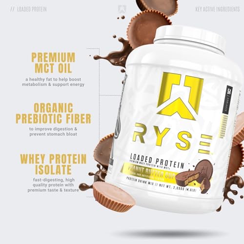 RYSE Up Supplements Loaded Protein Powder | 25g Whey Protein Isolate & Concentrate | with Prebiotic Fiber & MCTs | Low Carbs & Low Sugar | 27 Servings (Peanut Butter Cup)