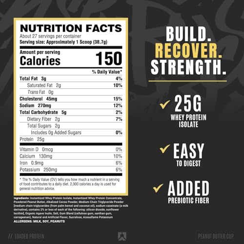 RYSE Up Supplements Loaded Protein Powder | 25g Whey Protein Isolate & Concentrate | with Prebiotic Fiber & MCTs | Low Carbs & Low Sugar | 27 Servings (Peanut Butter Cup)