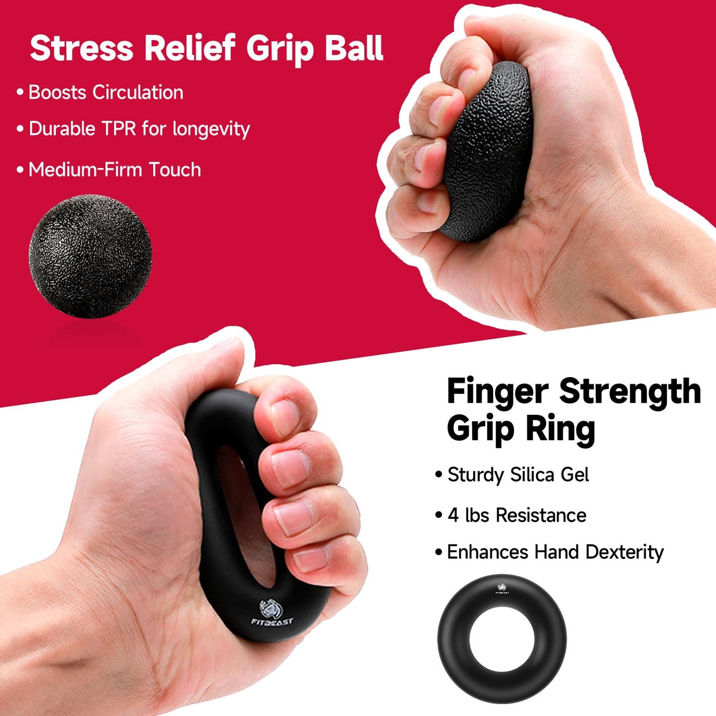 FitBeast Handtrainer Fingertrainer, Griffkraft Trainer Trainingsset - 5er-Pack, Verstellbarer Grip Trainer, Finger Trainingsgerät, Handgelenk Trainer, Trainingsring & Stressabbau-Griffkugel