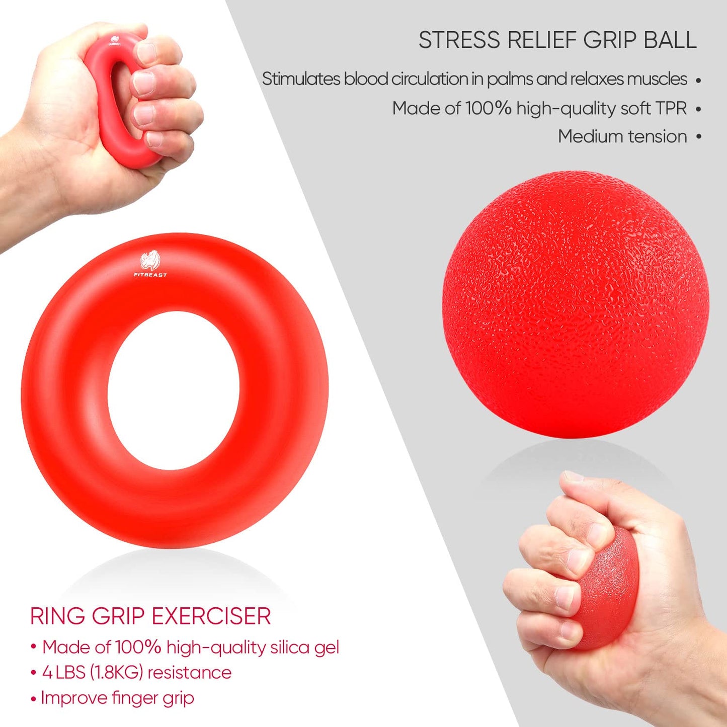 FitBeast Handtrainer Fingertrainer, Griffkraft Trainer Trainingsset - 5er-Pack, Verstellbarer Grip Trainer, Finger Trainingsgerät, Handgelenk Trainer, Trainingsring & Stressabbau-Griffkugel