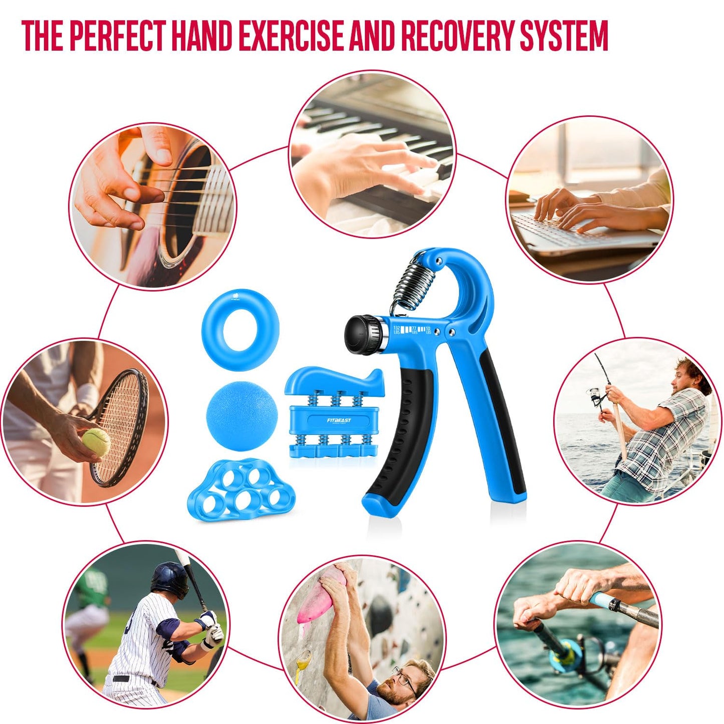 FitBeast Handtrainer Fingertrainer, Griffkraft Trainer Trainingsset - 5er-Pack, Verstellbarer Grip Trainer, Finger Trainingsgerät, Handgelenk Trainer, Trainingsring & Stressabbau-Griffkugel