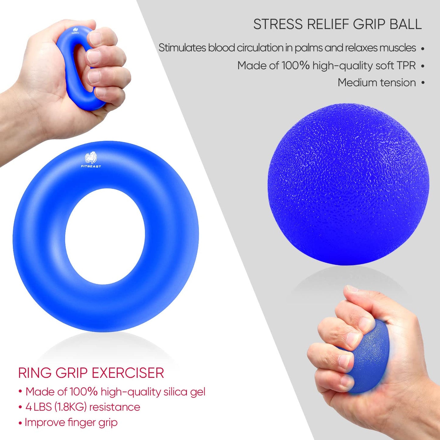 FitBeast Handtrainer Fingertrainer, Griffkraft Trainer Trainingsset - 5er-Pack, Verstellbarer Grip Trainer, Finger Trainingsgerät, Handgelenk Trainer, Trainingsring & Stressabbau-Griffkugel