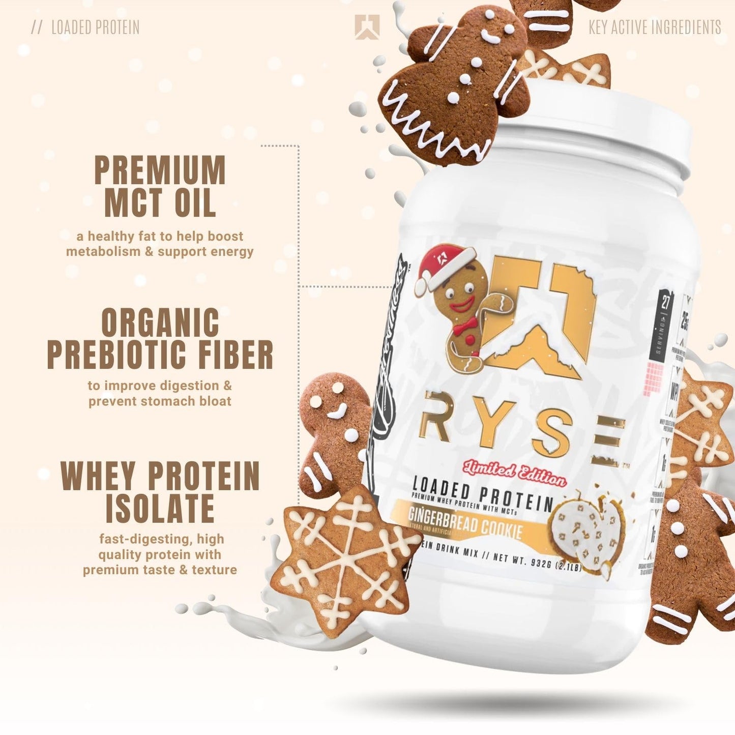 RYSE Up Supplements Loaded Protein Powder | 25g Whey Protein Isolate & Concentrate | with Prebiotic Fiber & MCTs | Low Carbs & Low Sugar | 27 Servings (Peanut Butter Cup)