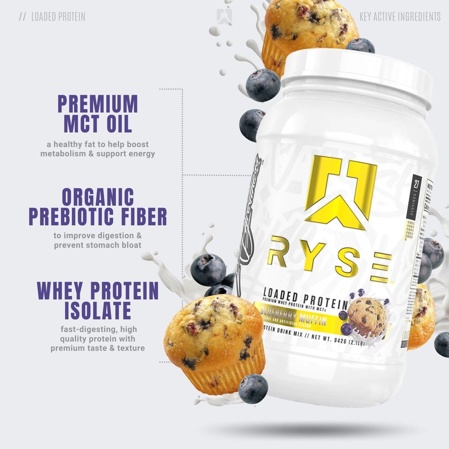 RYSE Up Supplements Loaded Protein Powder | 25g Whey Protein Isolate & Concentrate | with Prebiotic Fiber & MCTs | Low Carbs & Low Sugar | 27 Servings (Peanut Butter Cup)
