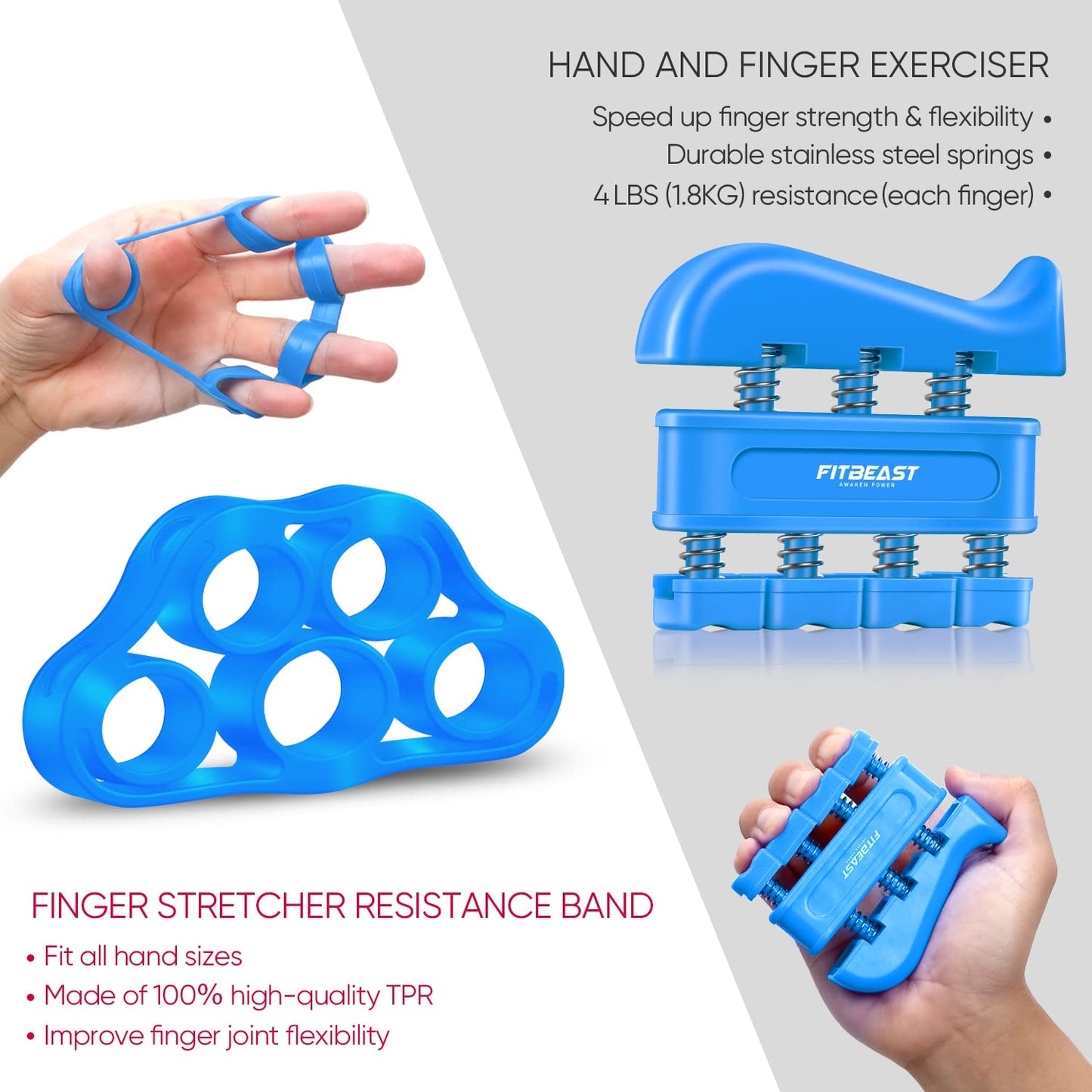 FitBeast Handtrainer Fingertrainer, Griffkraft Trainer Trainingsset - 5er-Pack, Verstellbarer Grip Trainer, Finger Trainingsgerät, Handgelenk Trainer, Trainingsring & Stressabbau-Griffkugel