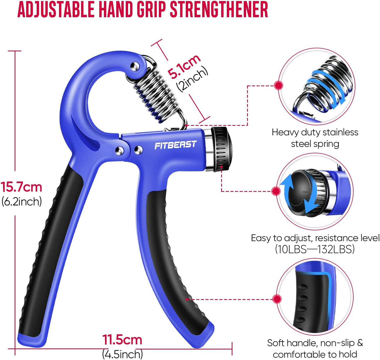 FitBeast Handtrainer Fingertrainer, Griffkraft Trainer Trainingsset - 5er-Pack, Verstellbarer Grip Trainer, Finger Trainingsgerät, Handgelenk Trainer, Trainingsring & Stressabbau-Griffkugel