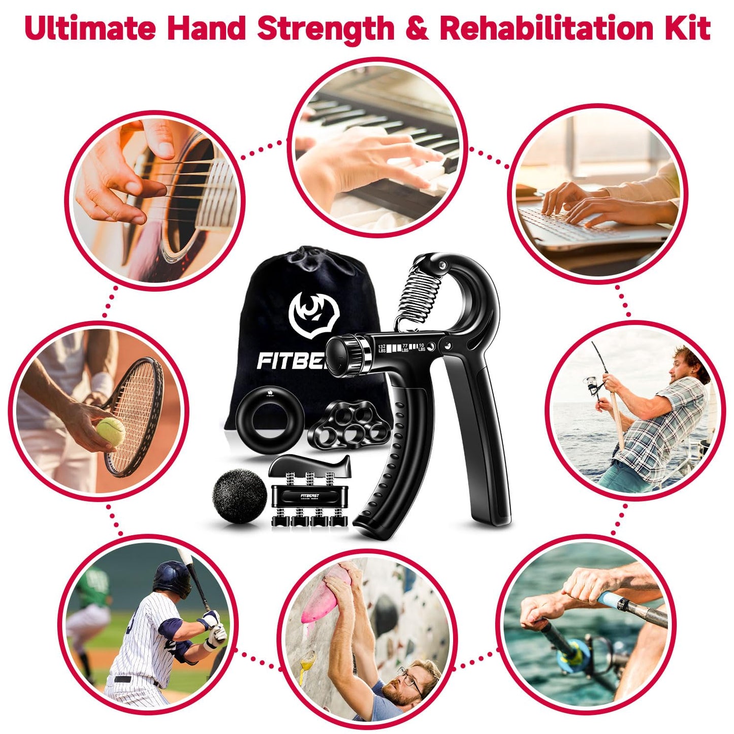 FitBeast Handtrainer Fingertrainer, Griffkraft Trainer Trainingsset - 5er-Pack, Verstellbarer Grip Trainer, Finger Trainingsgerät, Handgelenk Trainer, Trainingsring & Stressabbau-Griffkugel