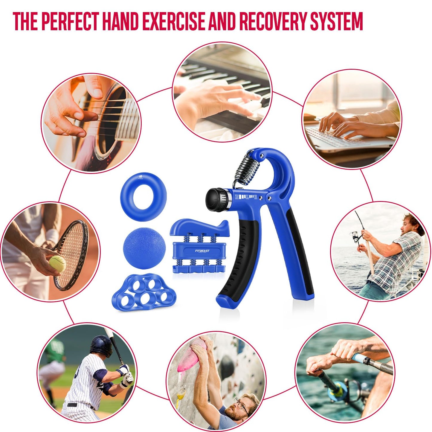FitBeast Handtrainer Fingertrainer, Griffkraft Trainer Trainingsset - 5er-Pack, Verstellbarer Grip Trainer, Finger Trainingsgerät, Handgelenk Trainer, Trainingsring & Stressabbau-Griffkugel