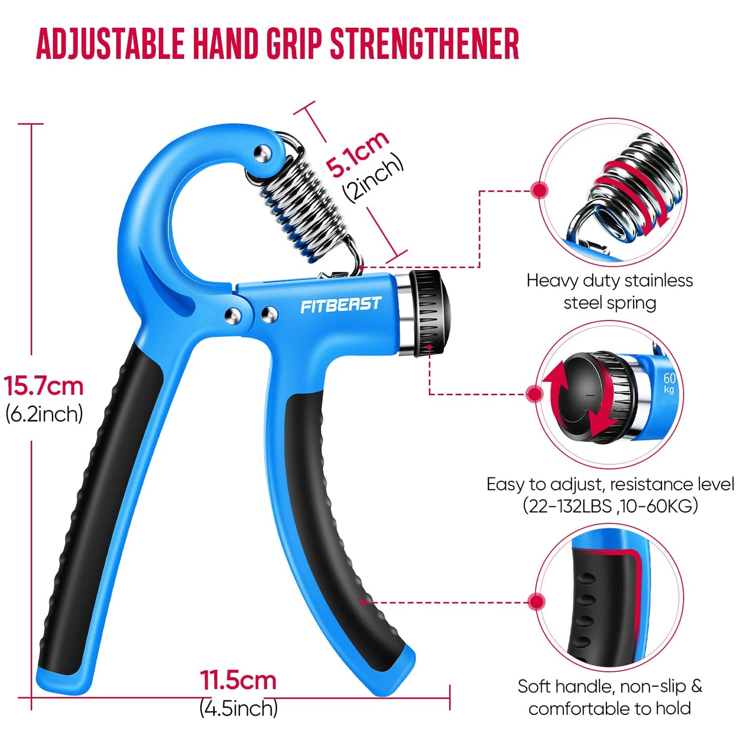 FitBeast Handtrainer Fingertrainer, Griffkraft Trainer Trainingsset - 5er-Pack, Verstellbarer Grip Trainer, Finger Trainingsgerät, Handgelenk Trainer, Trainingsring & Stressabbau-Griffkugel