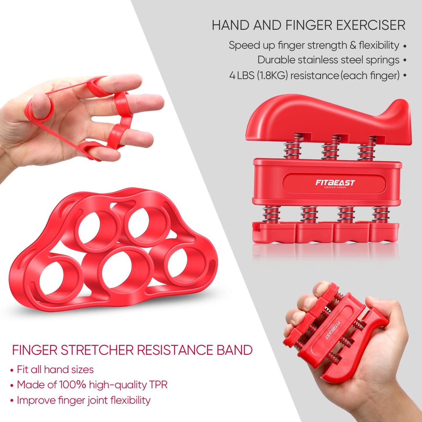 FitBeast Handtrainer Fingertrainer, Griffkraft Trainer Trainingsset - 5er-Pack, Verstellbarer Grip Trainer, Finger Trainingsgerät, Handgelenk Trainer, Trainingsring & Stressabbau-Griffkugel