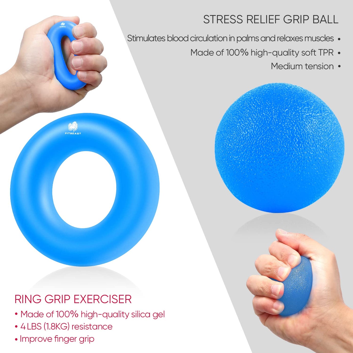FitBeast Handtrainer Fingertrainer, Griffkraft Trainer Trainingsset - 5er-Pack, Verstellbarer Grip Trainer, Finger Trainingsgerät, Handgelenk Trainer, Trainingsring & Stressabbau-Griffkugel