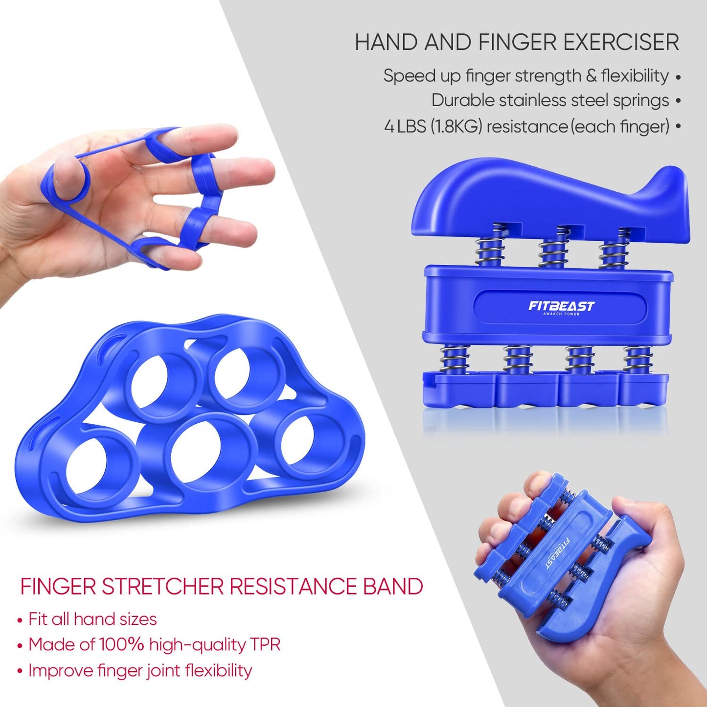 FitBeast Handtrainer Fingertrainer, Griffkraft Trainer Trainingsset - 5er-Pack, Verstellbarer Grip Trainer, Finger Trainingsgerät, Handgelenk Trainer, Trainingsring & Stressabbau-Griffkugel