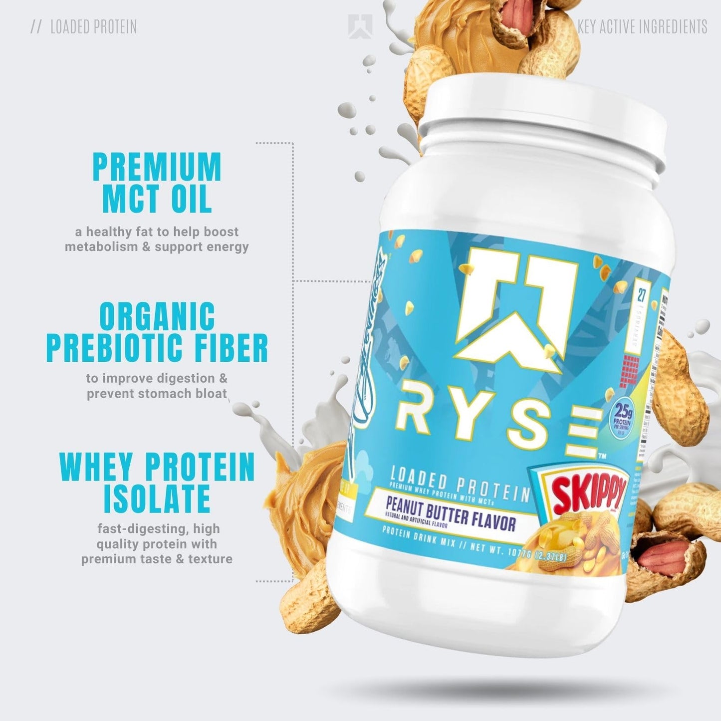 RYSE Up Supplements Loaded Protein Powder | 25g Whey Protein Isolate & Concentrate | with Prebiotic Fiber & MCTs | Low Carbs & Low Sugar | 27 Servings (Peanut Butter Cup)