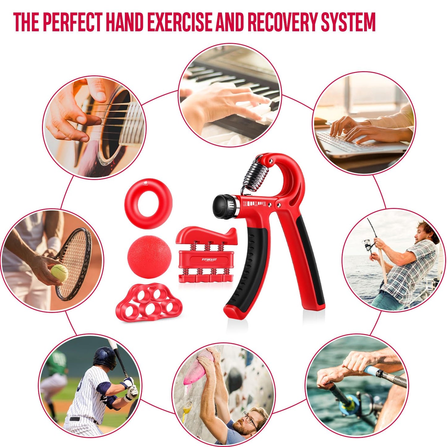 FitBeast Handtrainer Fingertrainer, Griffkraft Trainer Trainingsset - 5er-Pack, Verstellbarer Grip Trainer, Finger Trainingsgerät, Handgelenk Trainer, Trainingsring & Stressabbau-Griffkugel